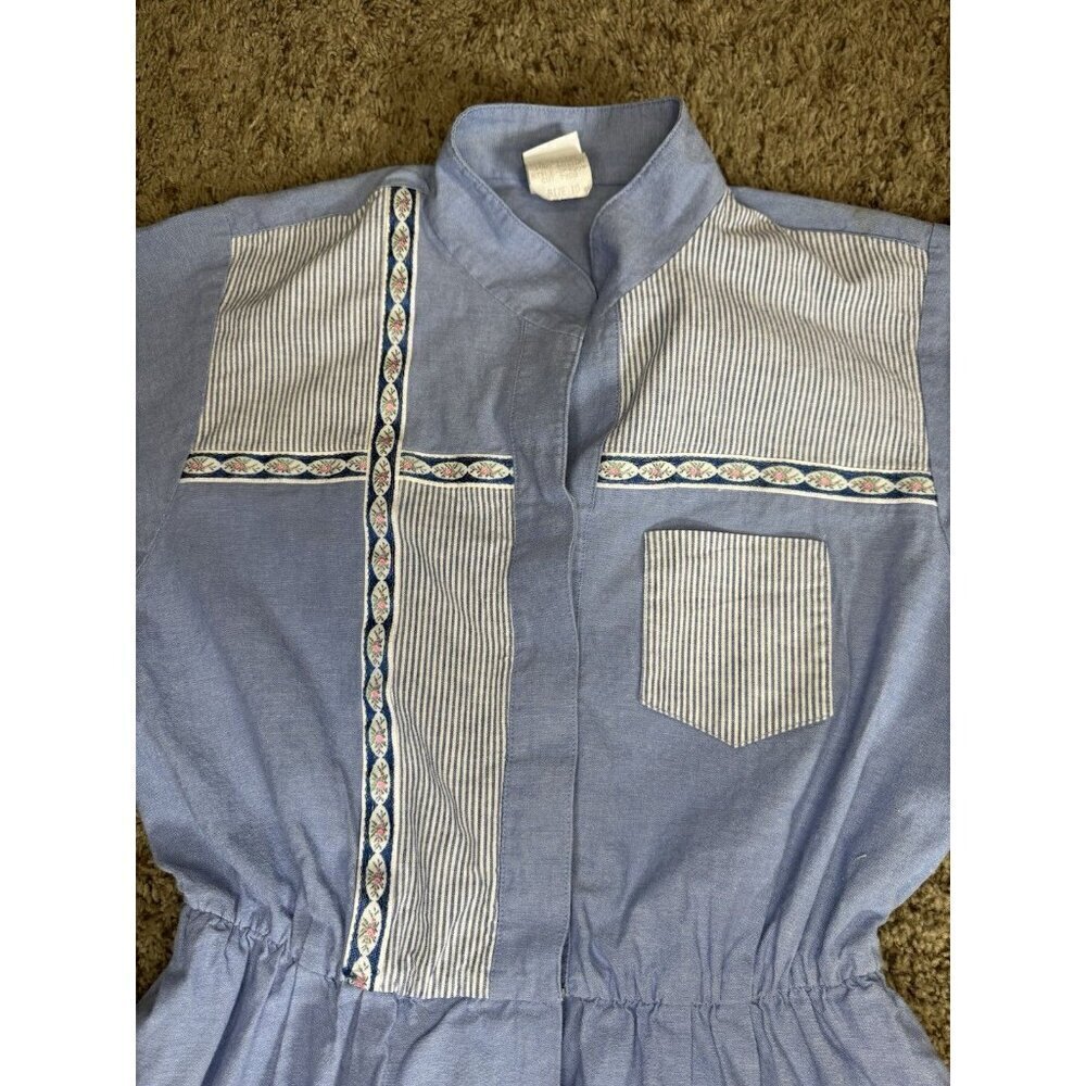 Vintage 70s 80s Fit & Flare Midi Dress Blue Stripe Elastic Waist Cotton USA 10 - Picture 5 of 9